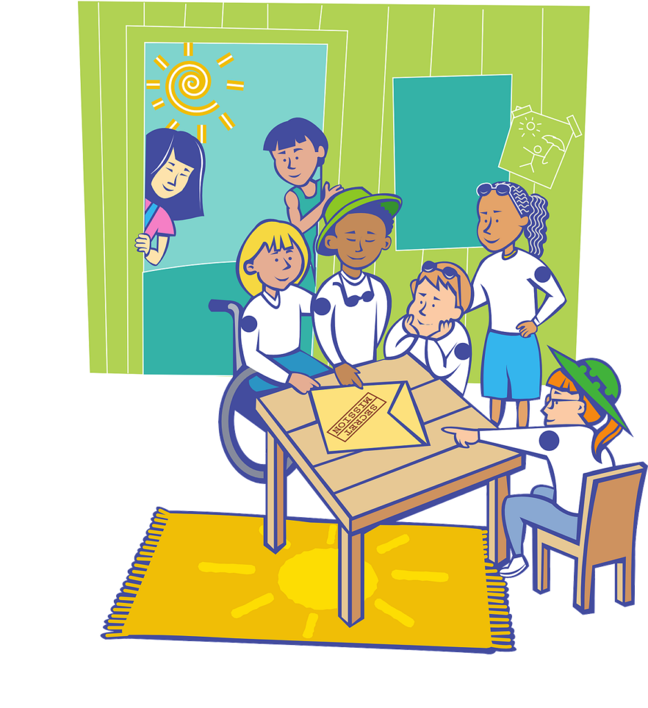 In dieser Illustration sitzen diverse Kinder an einem Tisch und haben eine "geheime Mission" zu erfüllen.